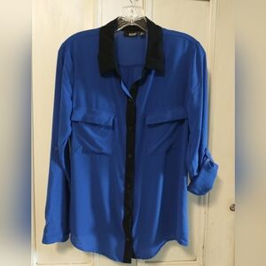ANA Royal Blue & Black Button Down Blouse Size Large
